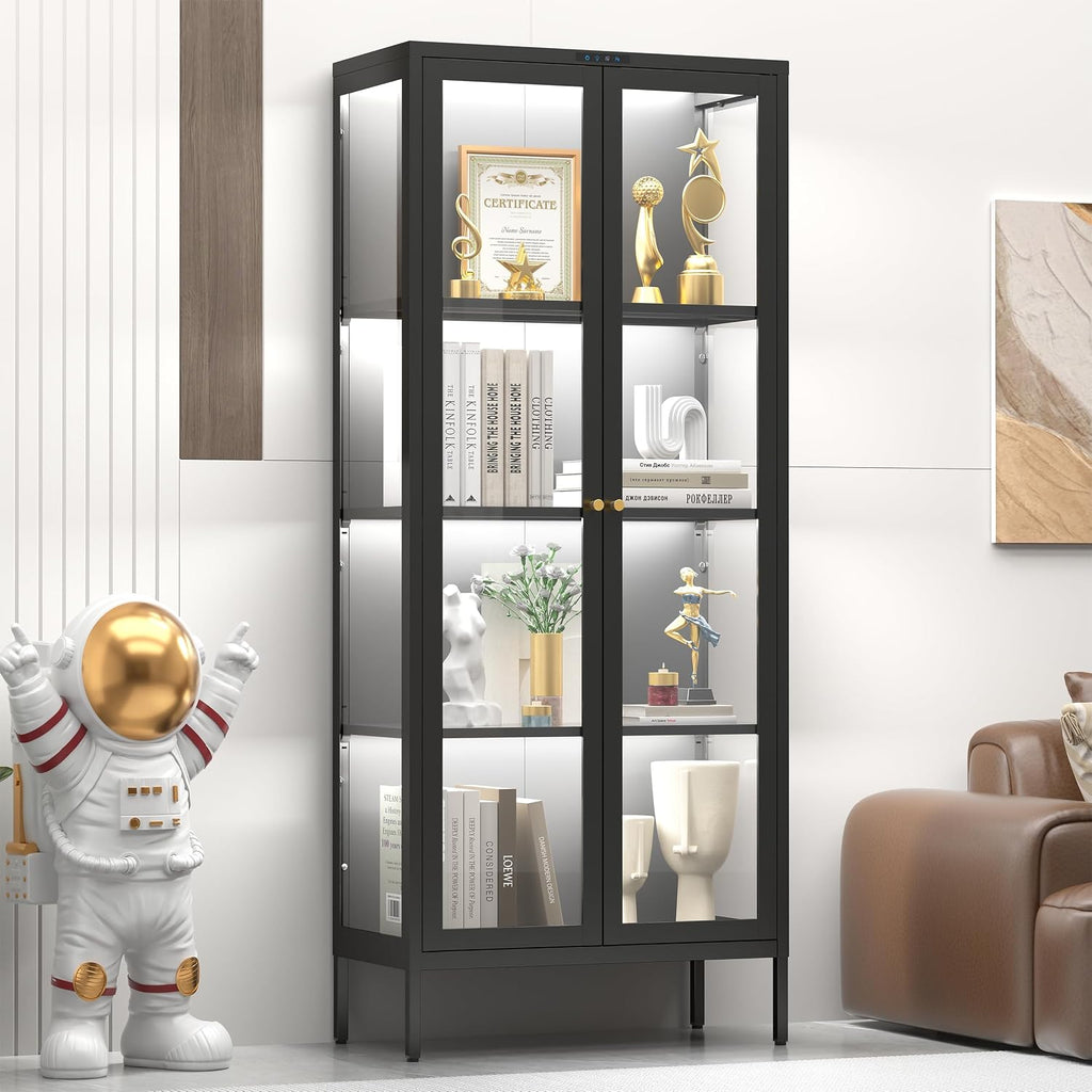UNICOLY Display Cabinet with Glass Doors, Glass Display Cabinet with 8 Color LED Lights, Curio Display Cabinet with 3 Shelves for Living Room, Plant, Display Shelf, Assembly Required, Black