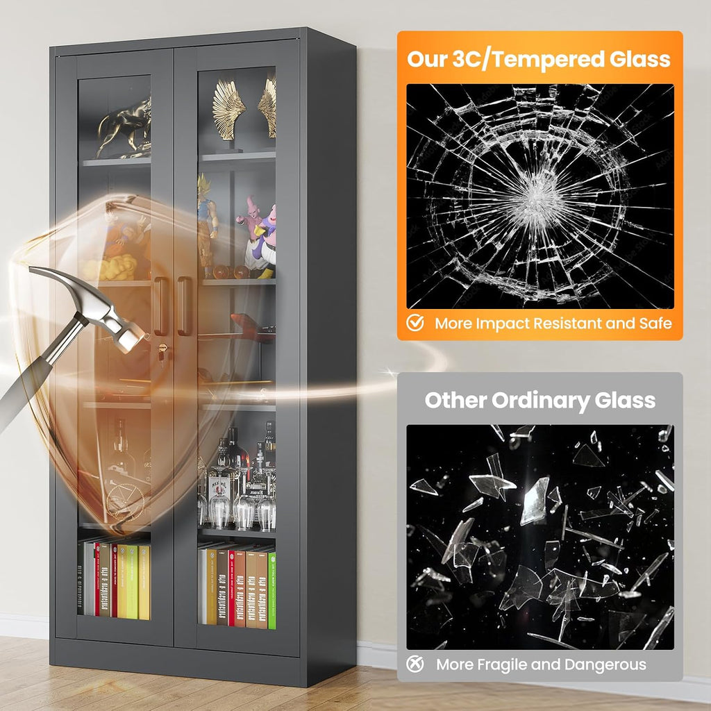 Locking Display Cabinet with Glass Door, 71'H Metal Curio Cabinets with Adjustable Shelves, Black Liquor Caninet Display Case for Living Room, Collectibles, Clinic, Home - Assembly Required