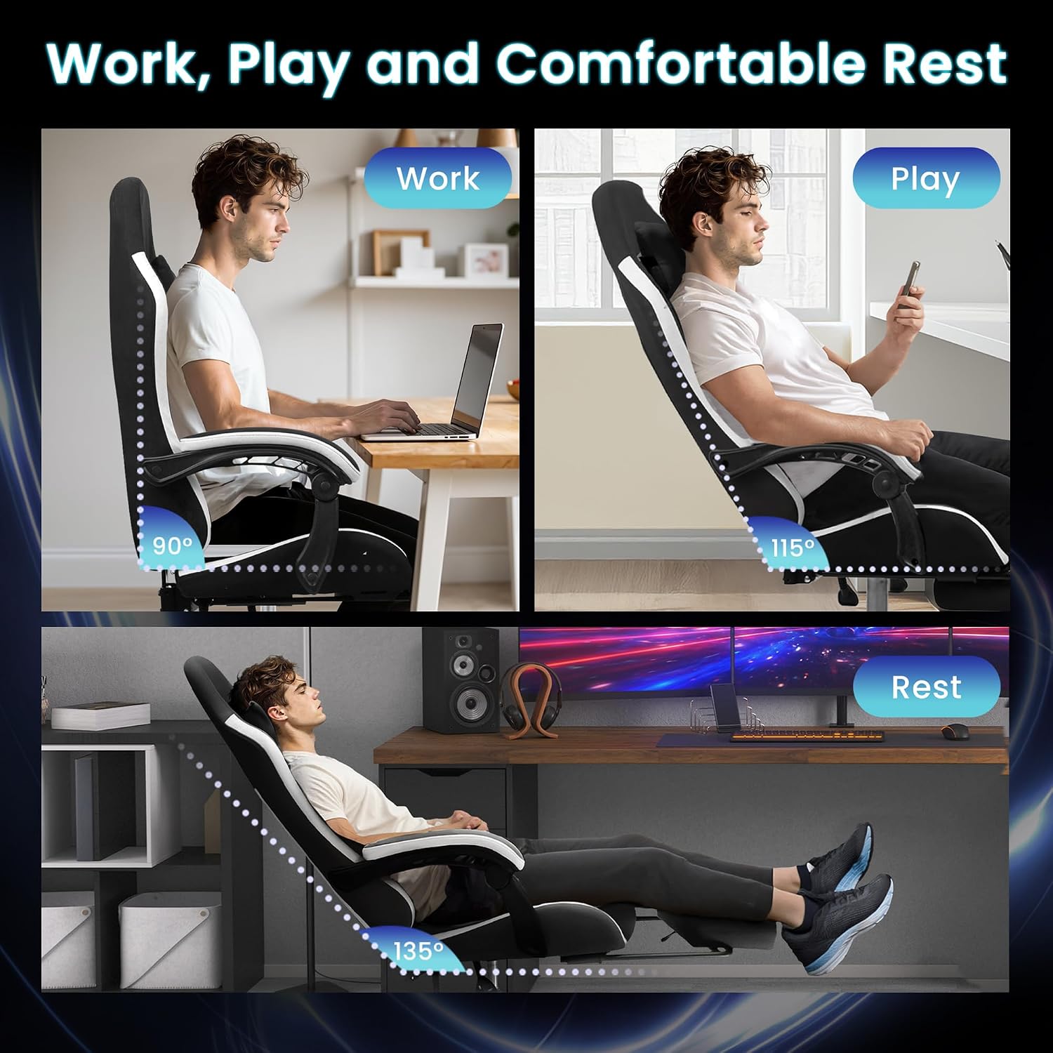 N-GEN GAMING Video Gaming Chair with Footrest Lumbar Support for Home Office High Back Recliner Height Adjustable Ergonomic Comfy Fabric Computer Desk Chair (Black)