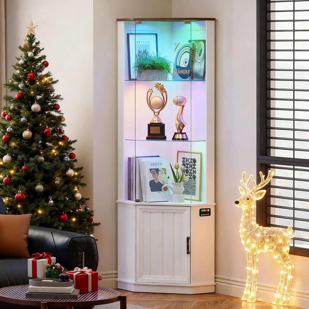 HNEBC 69' Tall Curio Display Cabinet with Glass Door and Movable Shelves,Corner Bookcase with LED Human Sensor Lights,5-Tier RGB Display Case for Collectibles,Bedroom Living Room