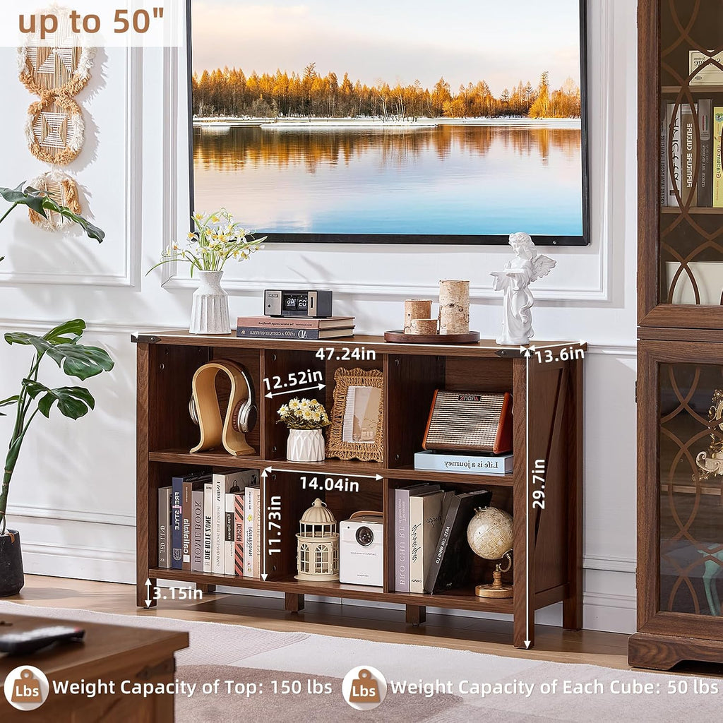 Joaxswe Farmhouse 6 Cube Book Shelf, Wood 3 Tier Storage Organizer Bookshelf, Brown Walnut 47' Horizontal Cubby Bookcase with Legs, Rustic Entryway Book Case, Long Display Cabinet for Bedroom, Office