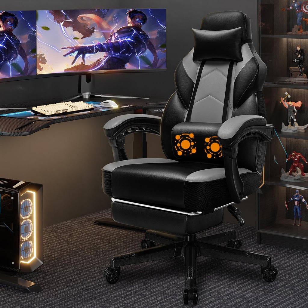 Shintenchi Gaming Chair,Video Game Chair with footrest and Massage Lumbar Support,Height Adjustable Game Chair with 360°Swivel Seat Ergonomic Computer Chair with Headrest for Office or Gaming(Grey)