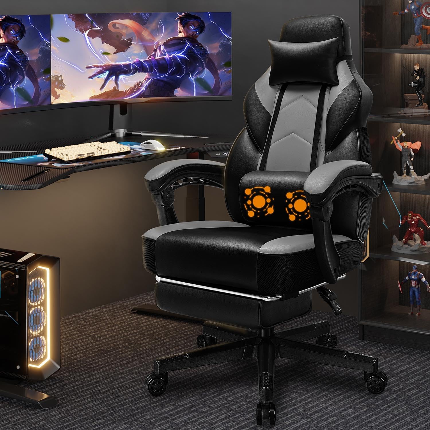 Shintenchi Gaming Chair,Video Game Chair with footrest and Massage Lumbar Support,Height Adjustable Game Chair with 360°Swivel Seat Ergonomic Computer Chair with Headrest for Office or Gaming(Grey)