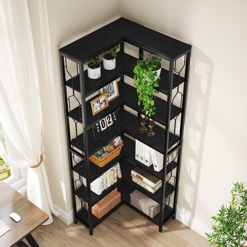Tribesigns Corner Shelf, 7-Tier Industrial Corner Bookshelf, Wood and Metal Corner Etagere Bookcase, Freestanding Display Shelf for Living Room, Kitchen, Home Office, Light Black