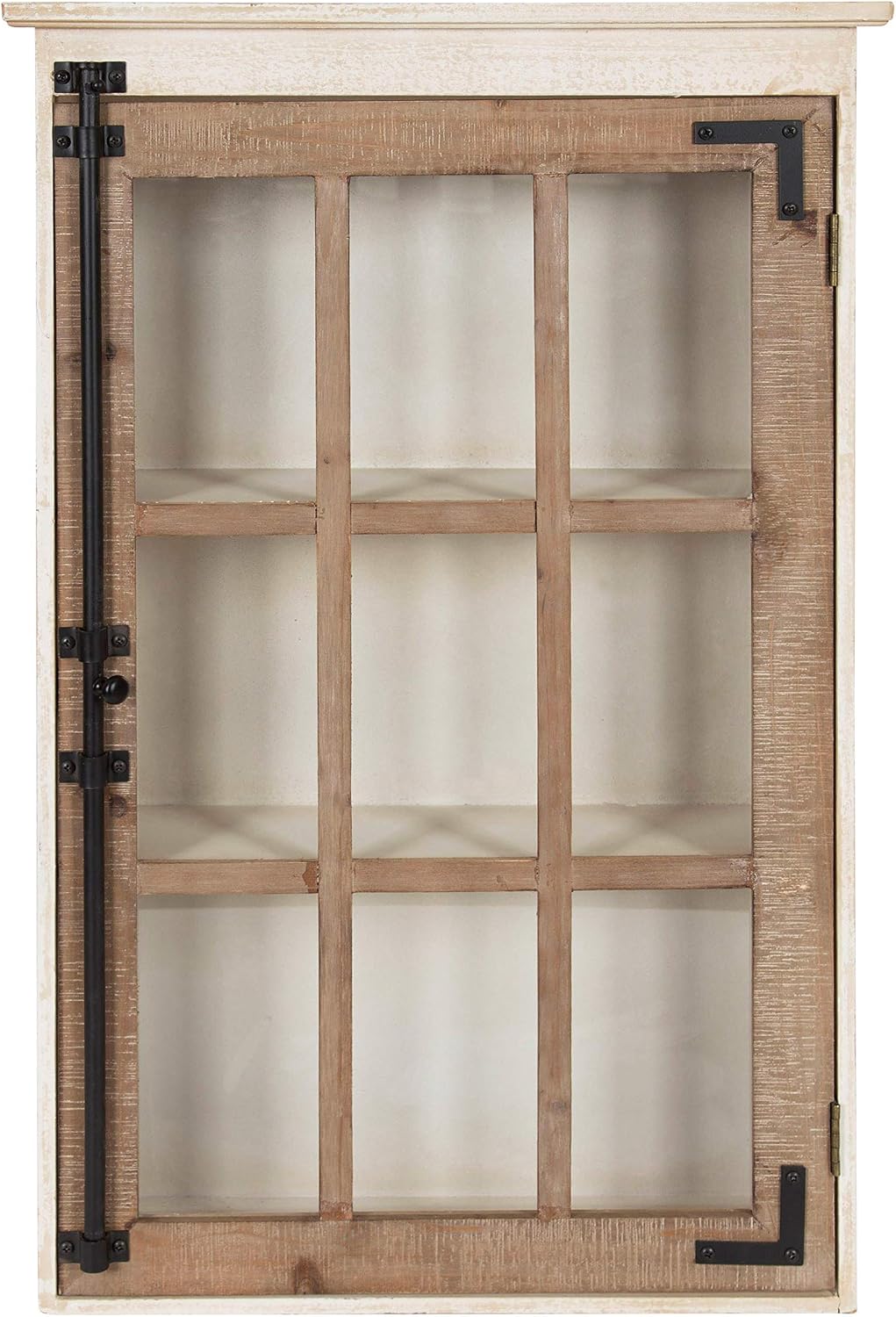Kate and Laurel Hutchins Decorative Farmhouse Wood Wall Storage Cabinet with Window Pane Glass Door, Rustic and White