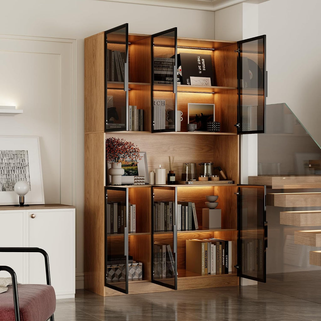 Mekminop Display Case Cabinet with Glass Doors and RGB Lights, Wooden Storage Cabinet with 5-Tier Shelves, Can be Used as Bookcases, Kitchen Pantry Cabinets, Walnut (47.2 'W x 16.5 'D x 78.7 'H)