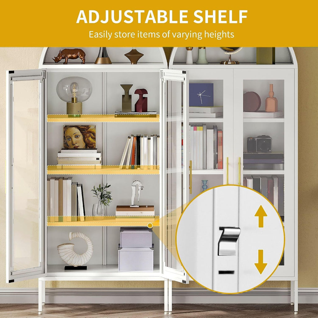 DWVO Arched Display Cabinet with Glass Doors, 71' Tall Storage Organizer Cabinet with Adjustable Shelves, Curio Cabinet with LED Lights, 5 Tier Bookcase for Collectibles Living Room Office, White