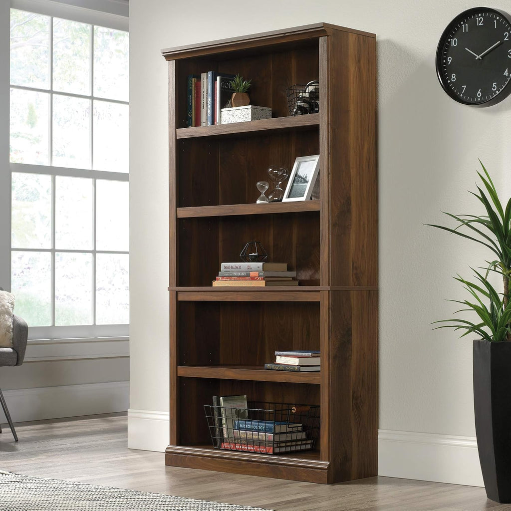 Sauder 5 Tier Book Shelf Wooden Bookcase Multipurpose Bookshelf for Home Office, Living Room, in Grand Walnut