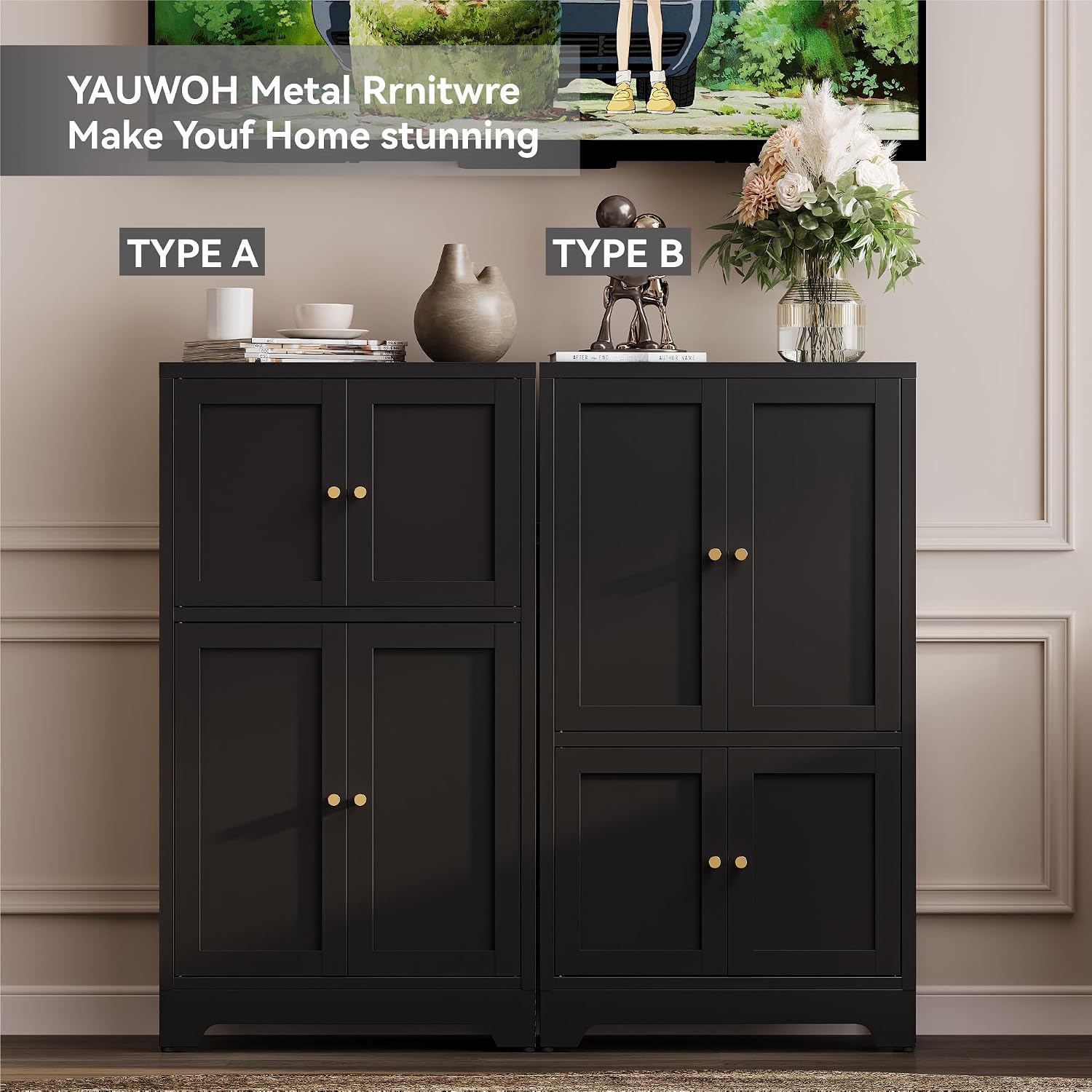 YAUWOH Bathroom Floor Cabinet, Metal Storage Cabinet with 2 Adjustable Shelves & 4 Doors,Freestanding Sideboard for Dining Room,Living Room, Home Office(1PC,Black)