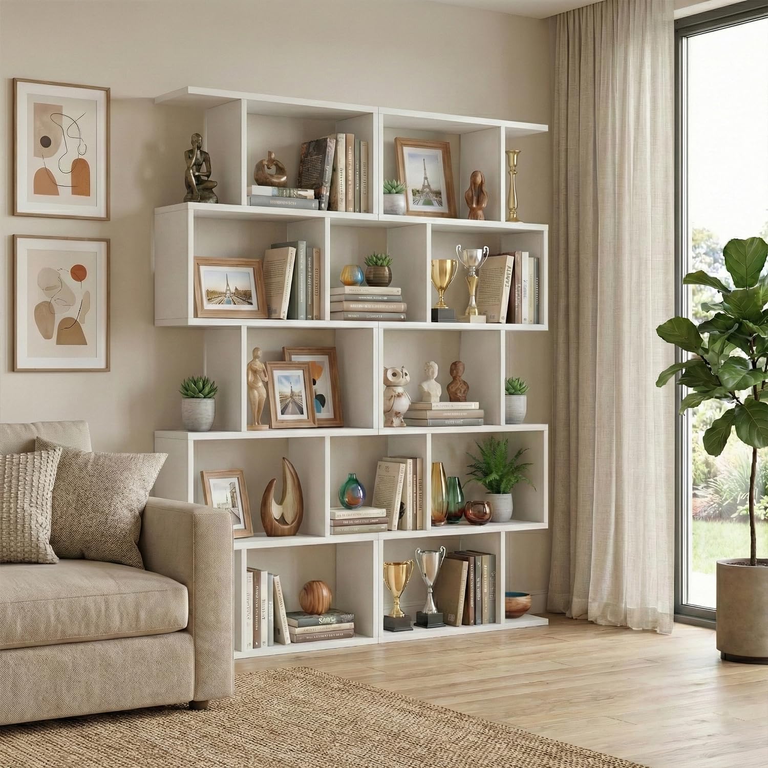 DIYART 5-Tier Geometric Bookcase (Set of 2), 62.6' Tall S-Shaped Bookshelf & Room Divider, Modern White Freestanding Display Shelving Unit for Living Room, Hallway, Home Office