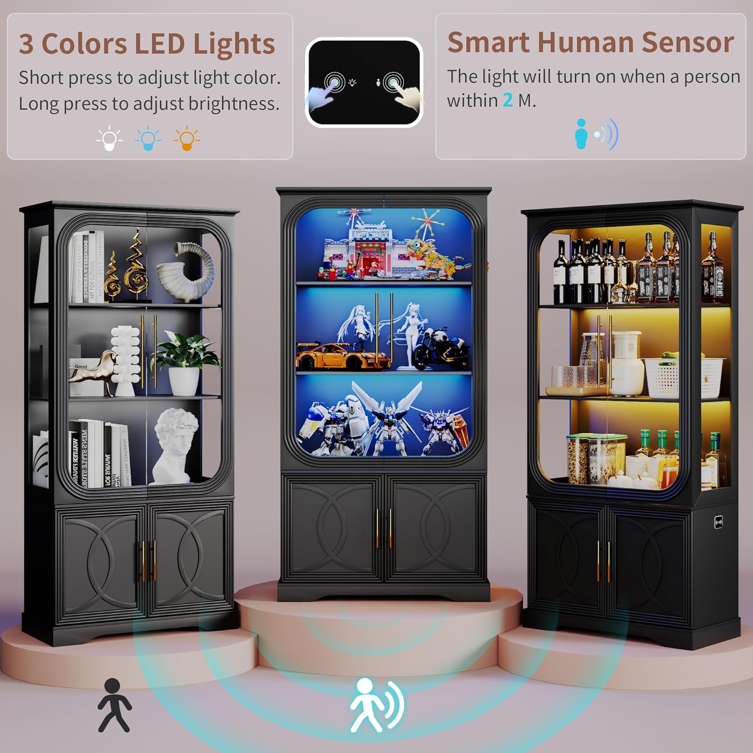 69' Tall Display Cabinet with Glass Doors, Curio Cabinet with 3 LED Lights and Human Body Sensor, Glass Display Case with Storage Cabinet for Living Room, Black