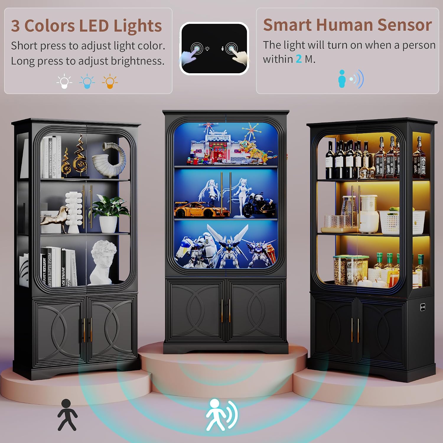 2pc Wood Display Cabinet with Glass Doors, 69' Tall Curio Cabinet with LED Lights, Glass Display Case with Storage and 3 Shelves for Living Room, (Black-2)