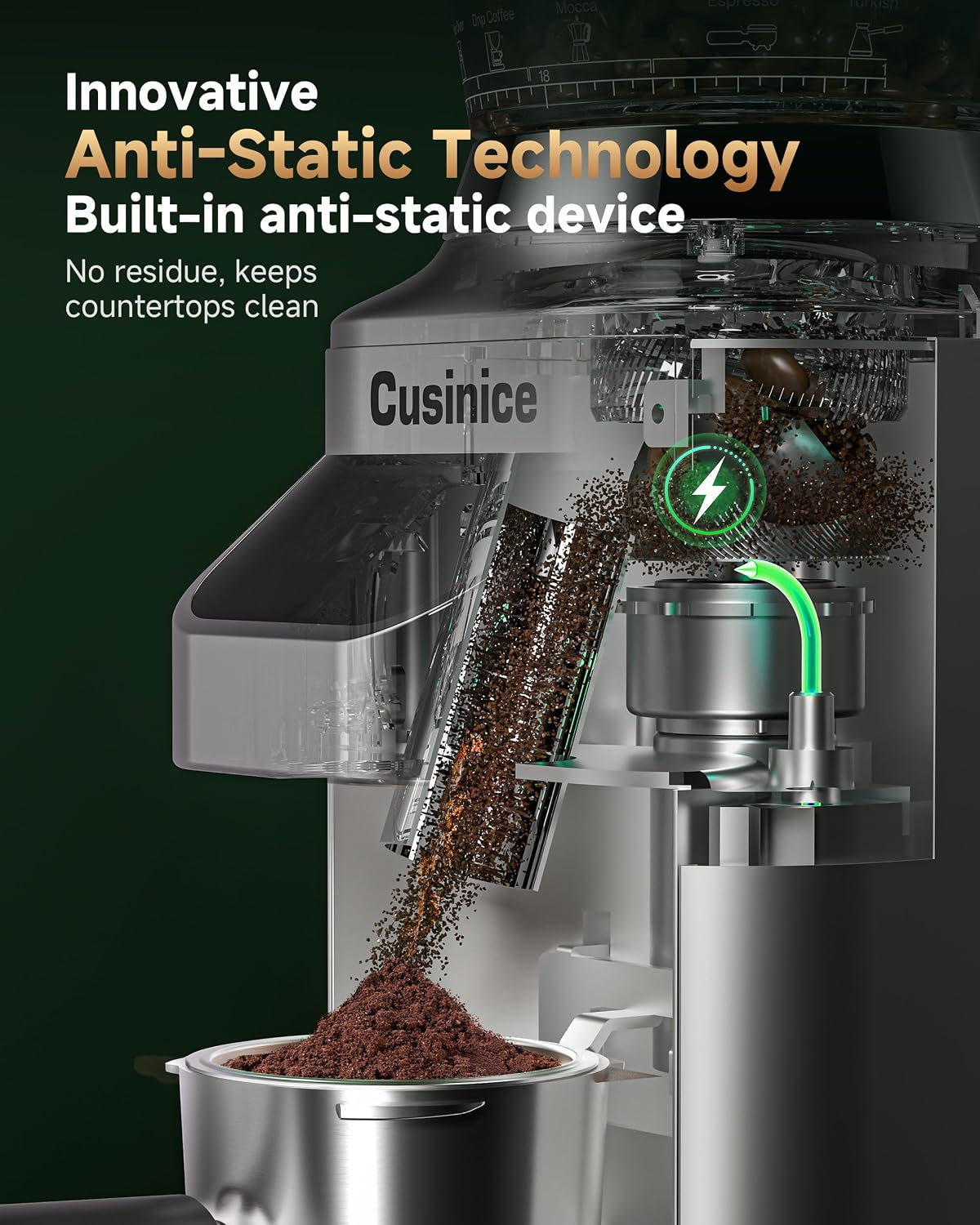 Espresso Coffee Grinder - 48 Precise Grind Settings, Anti-Static 40mm Stainless Steel Burr, 0.1s Electronic Timer, 11.3oz Bean Hopper, Conical Burr Coffee Grinder for Home Use Brushed Silver
