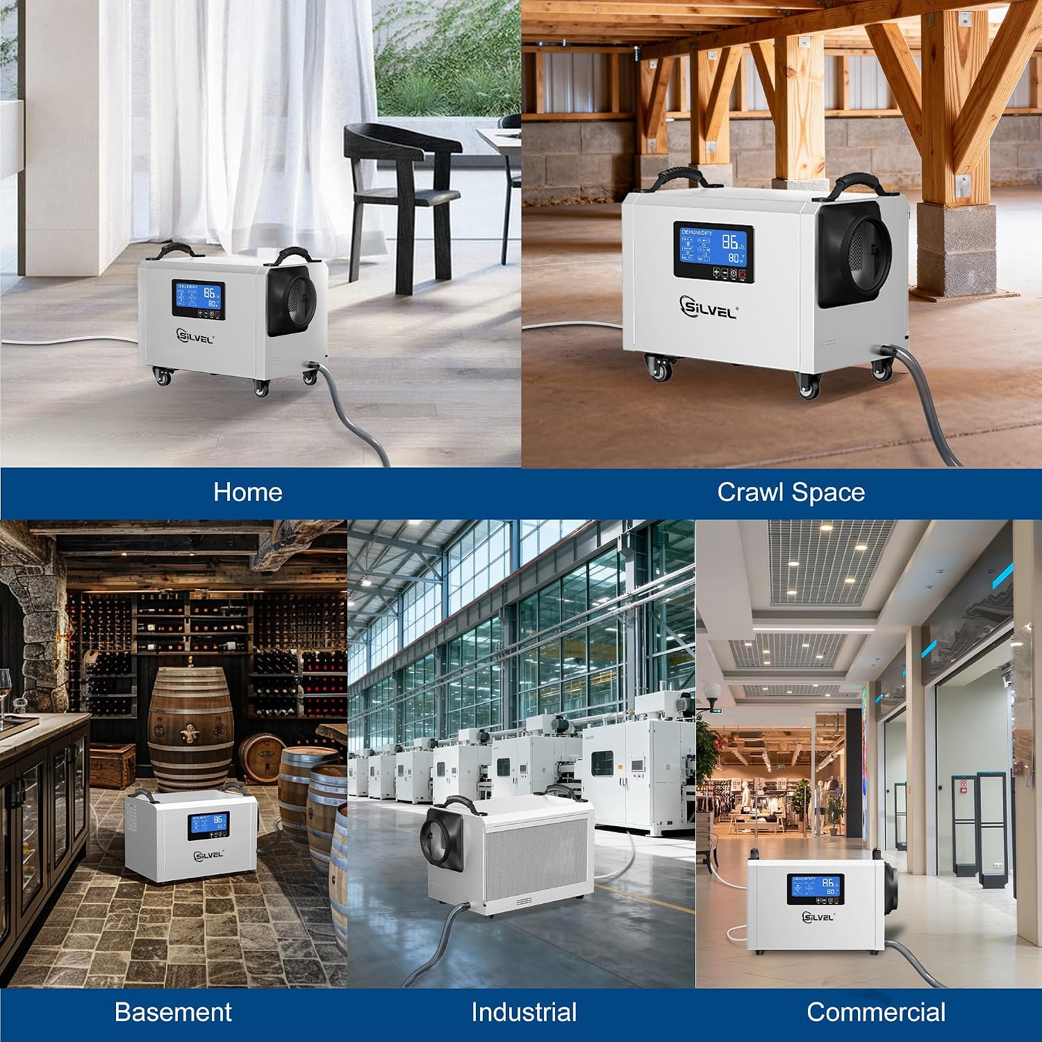SILVEL 145 Pints Crawl Space Dehumidifier with Drain Hose, Portable Commercial Dehumidifier for Basement and Whole Home, Smart Automatic Defrost, Memory Start, Up to 6000 Sq.Ft, White