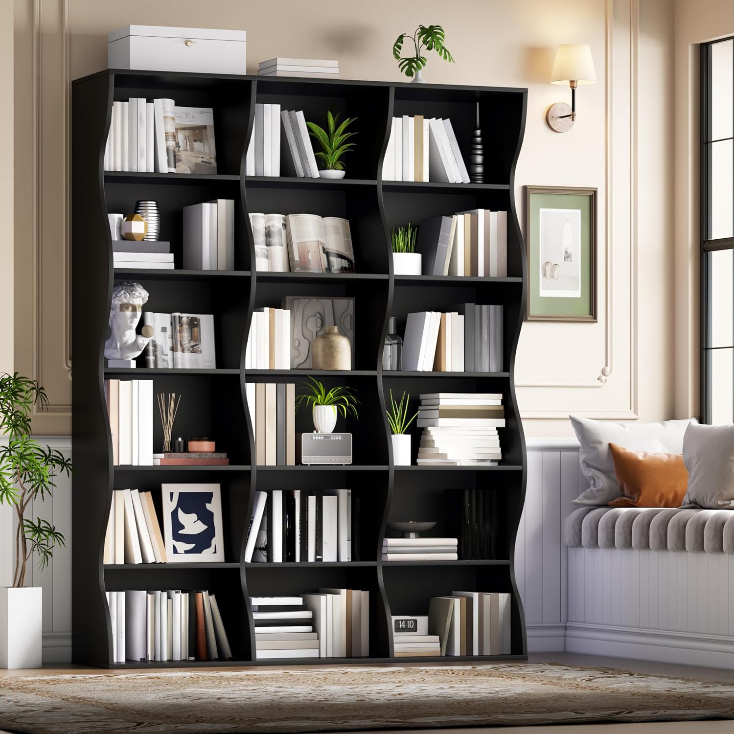 Gyfimoie 71' Triple Wide Bookshelf, 6 Tier Tall Bookcase with Storage, Large Book Shelves with 18 Open Display Shelves, Black Bookcase for Living Room, Study, Home Office, Library (Black)