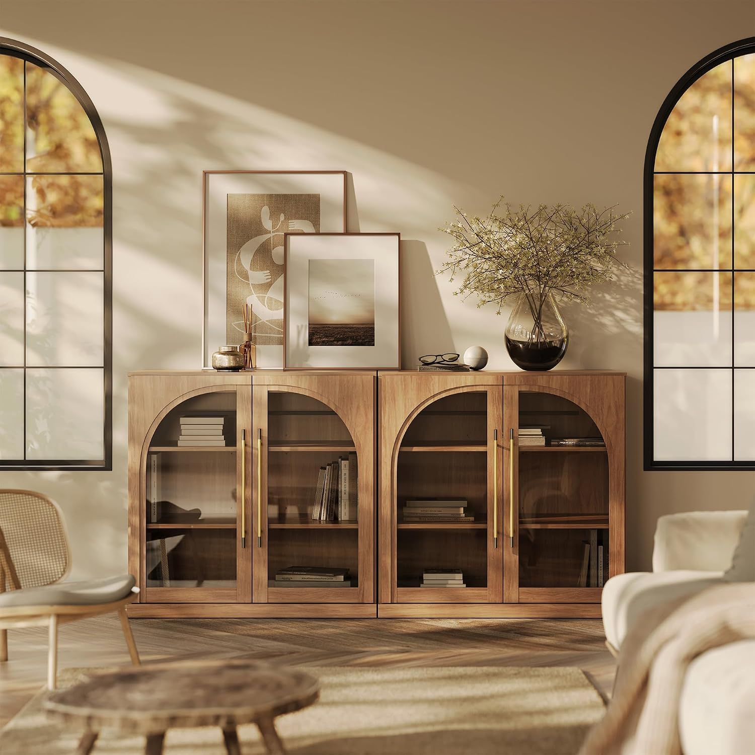 BELLEZE Set of 2 Modular Sideboard with Arched Glass Door, 65'' Accent Display Buffet Cabinet with Storage and Adjustable Shelves,Classic Modern Credenza for Dining Room Living Room Entryway (Camel)