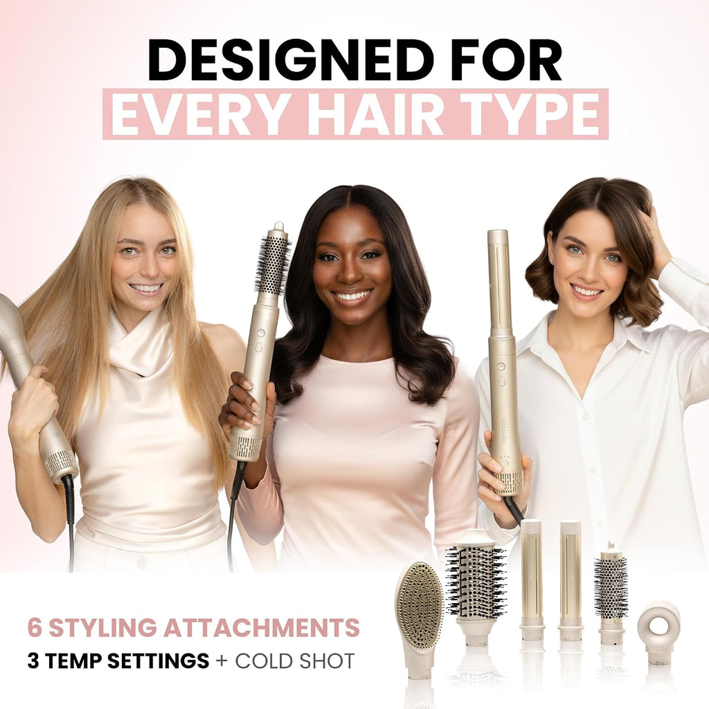 ELLA BELLA® 6 in 1 Professional Hot Air Styler • Powerful Hair Dryer & Straightener Set • Styling Without Heat Damage • Fast Drying Curling Volumizing Straightening • Includes Protective Travel Case