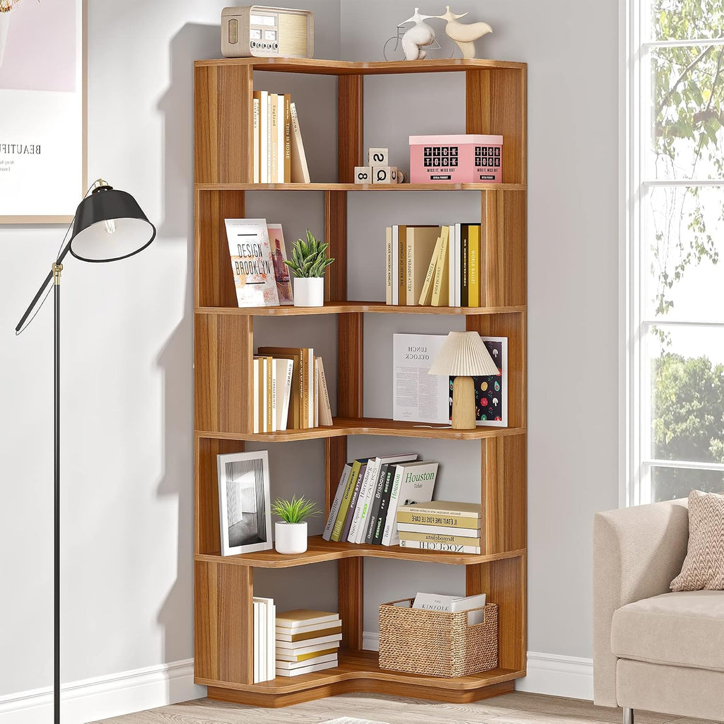 LITTLE TREE 6-Shelf Corner Bookshelf, 65' Tall L Shaped Bookcase, 6-Tier Industrial Corner Shelf Storage Display Rack for Living Room Home Office, Wood Grain Walnut