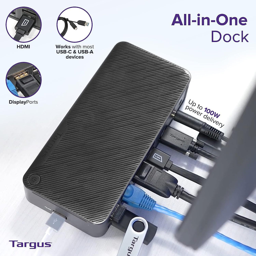 Targus USB-C Universal Docking Station with 100W Power Delivery (USB Type-C, 3 USB Type-A, Audio Jack, 2 DisplayPort, 2 HDMI 2.0, RJ-45, Support up to 2 UHD 4K Display) Bundle with Docztorm (10 Pack)
