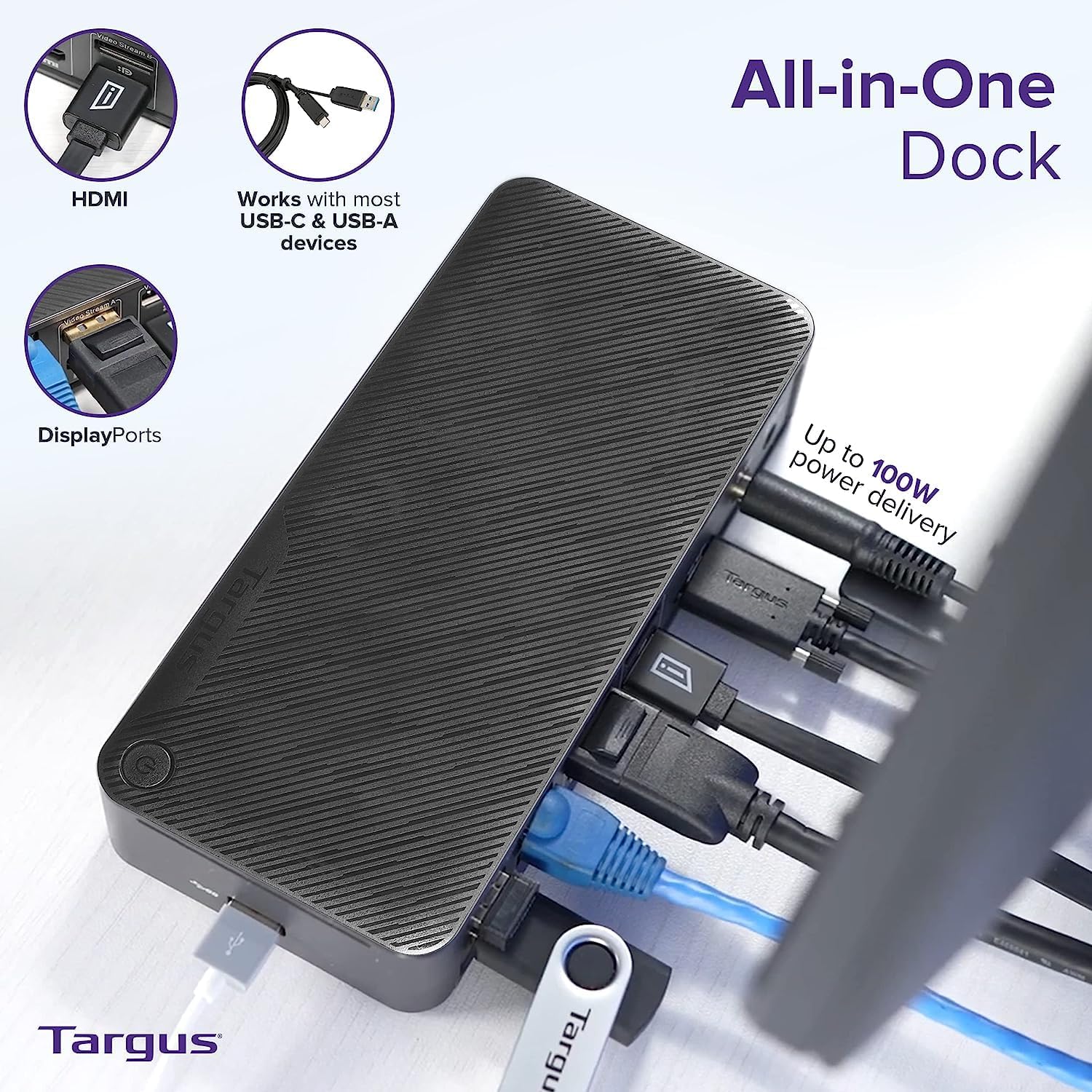 Targus USB-C Universal Docking Station with 100W Power Delivery (USB Type-C, 3 USB Type-A, Audio Jack, 2 DisplayPort, 2 HDMI 2.0, 1 RJ-45, Support up to 2 UHD 4K Display) Bundle with Docztorm (5 Pack)