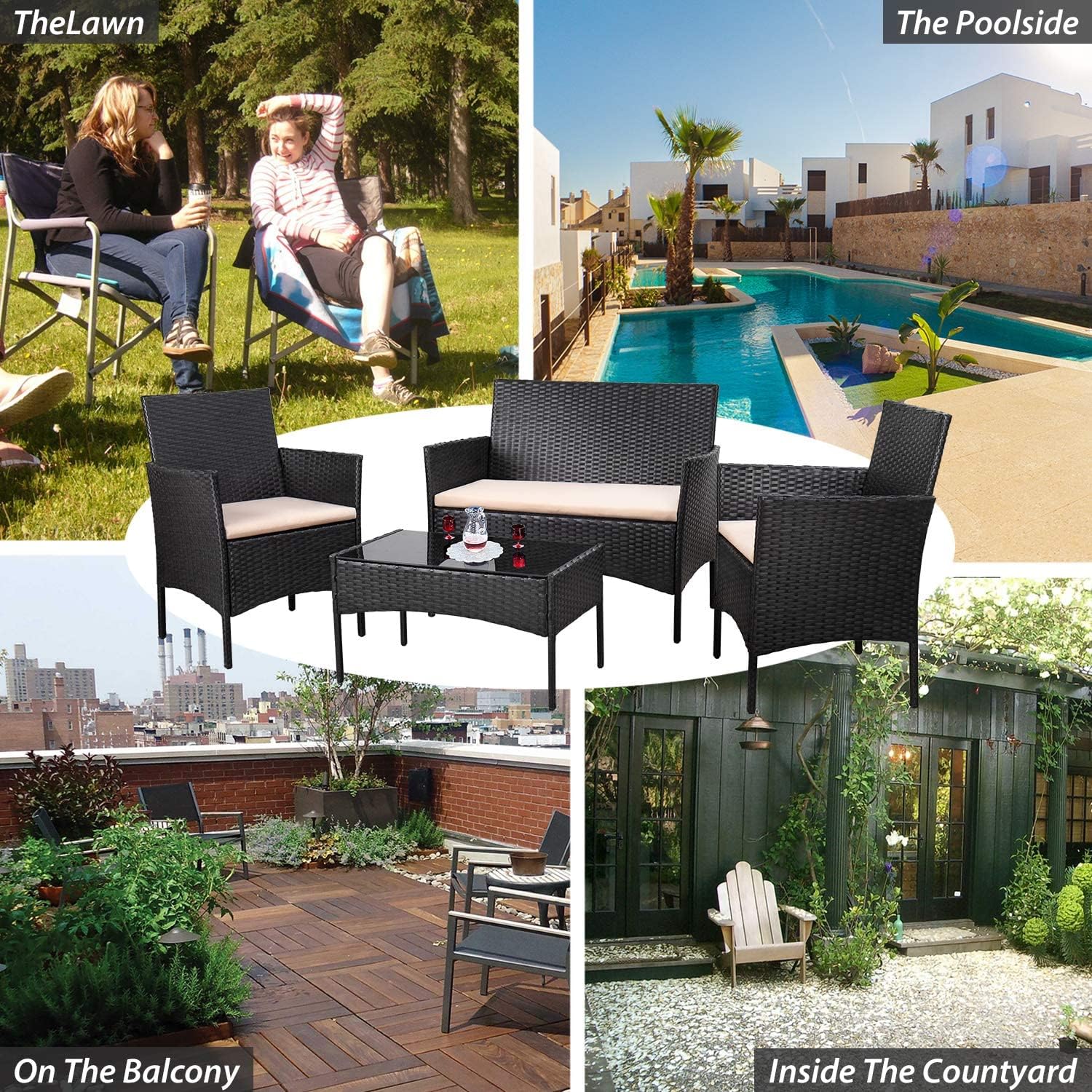 Homall 4 Pieces Outdoor Patio Furniture Sets Rattan Chair Wicker Set,Outdoor Indoor Use Backyard Porch Garden Poolside Balcony Furniture (Black and Beige)