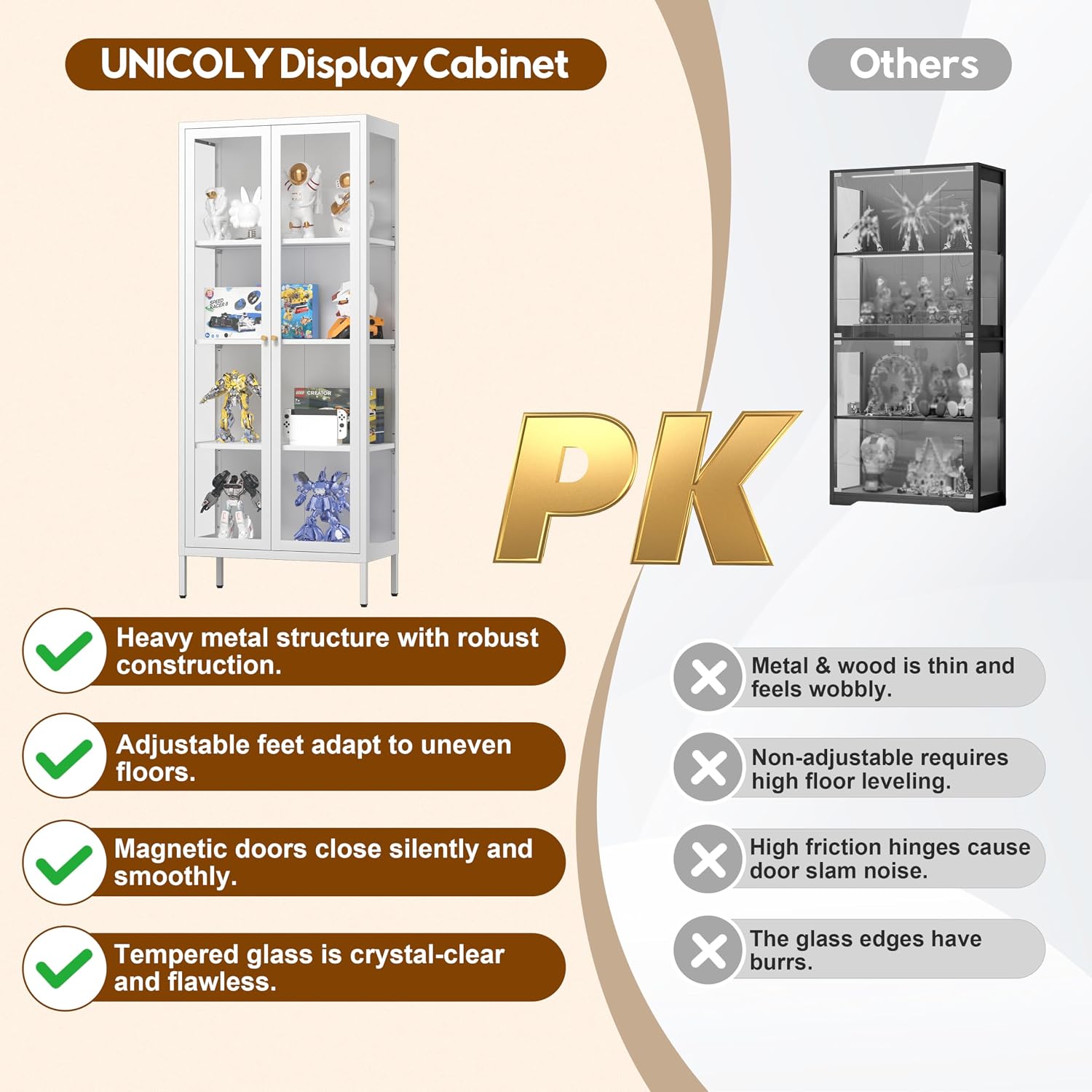 UNICOLY Display Cabinet with Glass Doors, Glass Display Cabinet 4-Tier, Metal Curio Display Cabinet with Tempered Glass Doors for Living Room, Plant, Display Shelf, Assembly Required, White