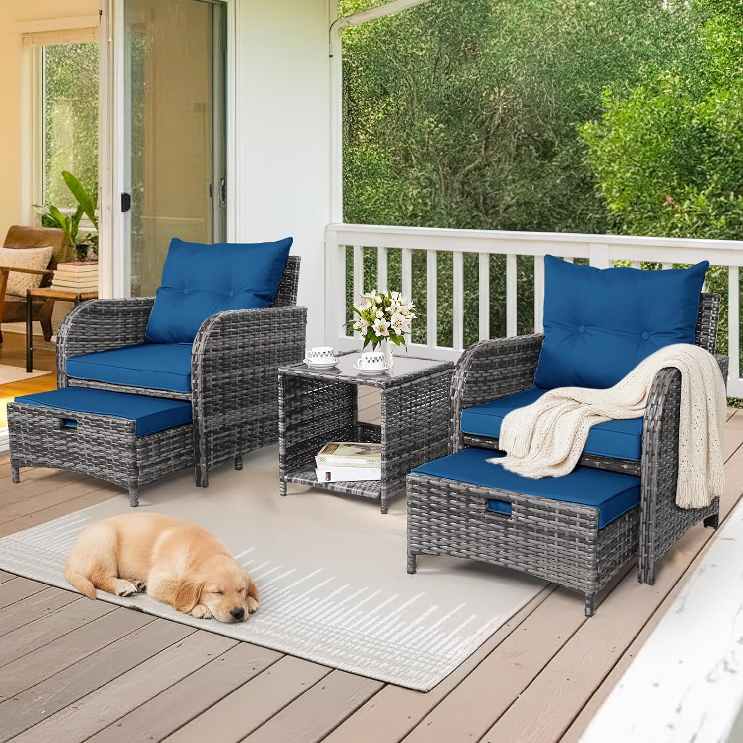 5 Pieces Wicker Outdoor Patio Chairs with Ottomans, All Weather PE Rattan Outdoor Conversation Set Bistro Patio Furniture Set with Hidden Ottoman for Porch Backyard Balcony, Blue