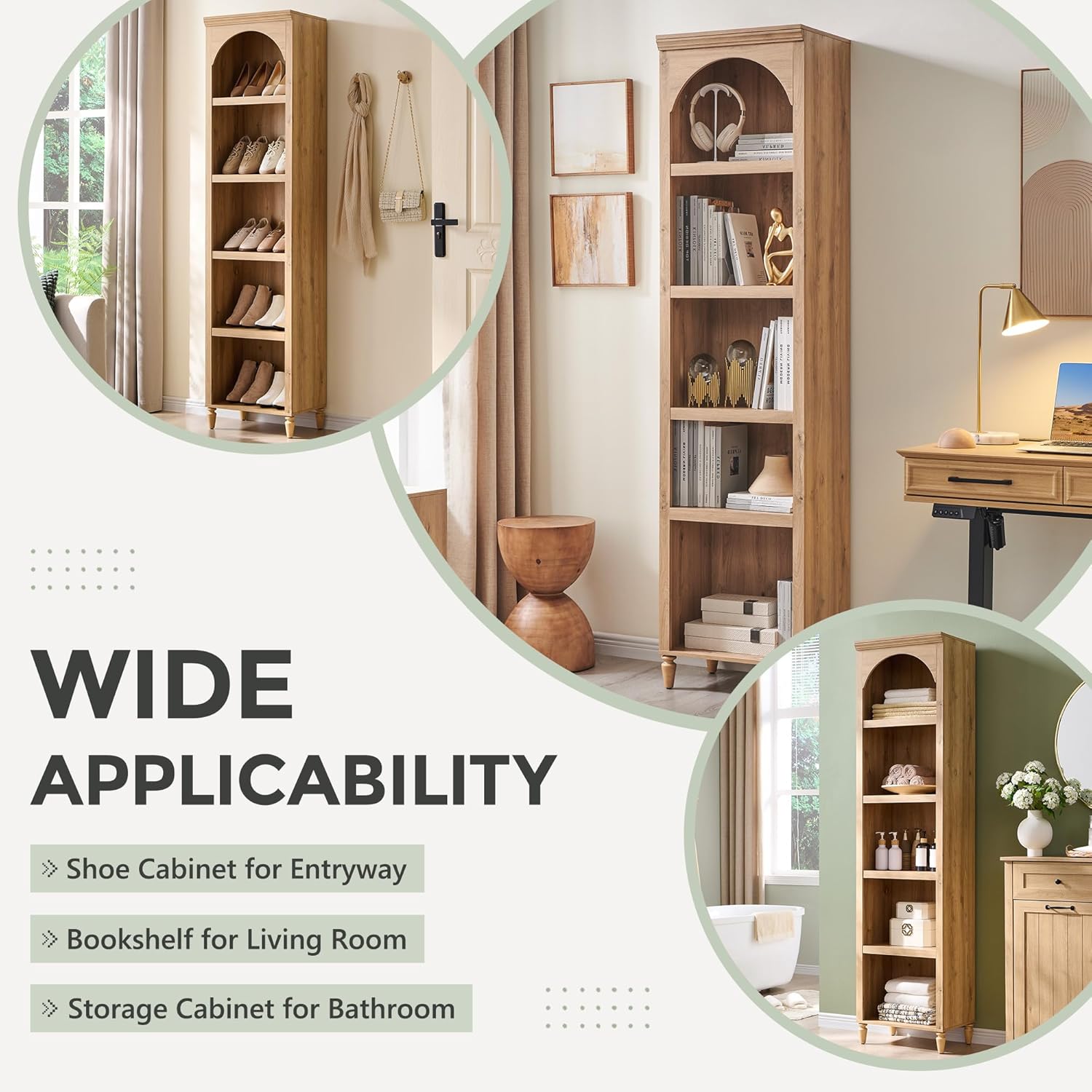 IFGET 76' Tall Arched Bookcase, Farmhouse 5 Tiers Narrow Arched Bookshelf Cabinet with Adjustable Shelves, Modern Wooden Book Shelf w/Storage and Open Display Shelves for Living Room, Office-Natural