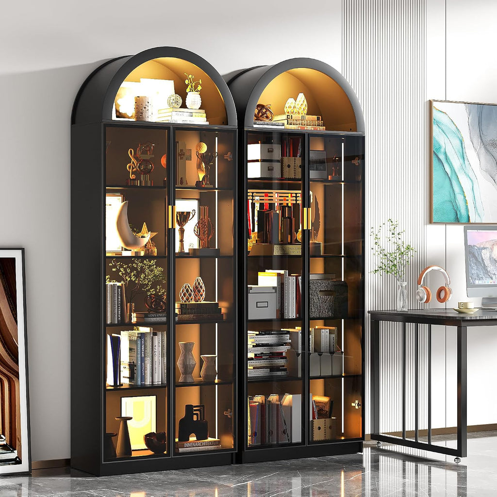 FREDEES Arch Display Cabinet with Doors, 76' Tall Display Case with Adjustable Shelves/3 Colors LED Lights, 6 Tier Bookcase for Collectibles Bedroom Living Room Office, Black