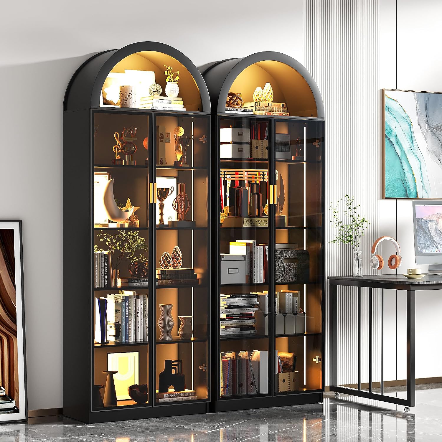 FREDEES Arch Display Cabinet with Doors, 76' Tall Display Case with Adjustable Shelves/3 Colors LED Lights, 6 Tier Bookcase for Collectibles Bedroom Living Room Office, Black
