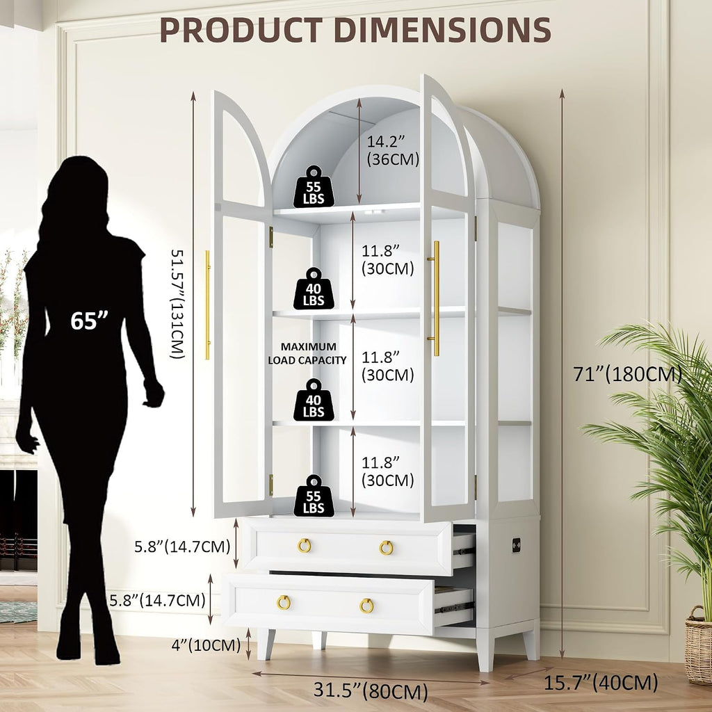 Vlsrka 71 Inch Arched Curio Cabinet, 4-Tier Display Cabinet and 2 Drawers, Tall Bookcase with 3 Color Lights, Display Case with Glass Doors, Kitchen Pantry, White
