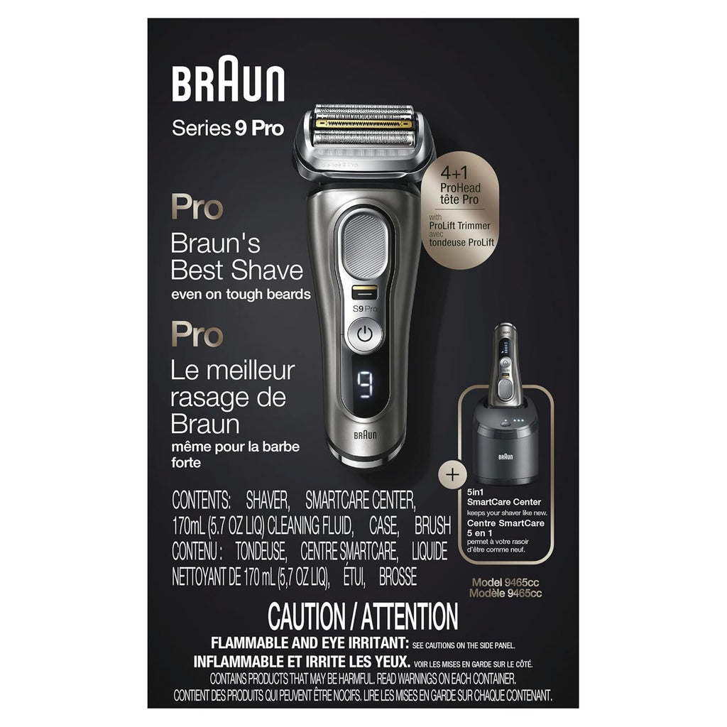 Braun Electric Razor for Men, Series 9 Pro 9465cc Wet & Dry Electric Foil Shaver with ProLift Beard Trimmer, Cleaning & Charging SmartCare Center, Head Shavers for Bald Men, Noble Metal