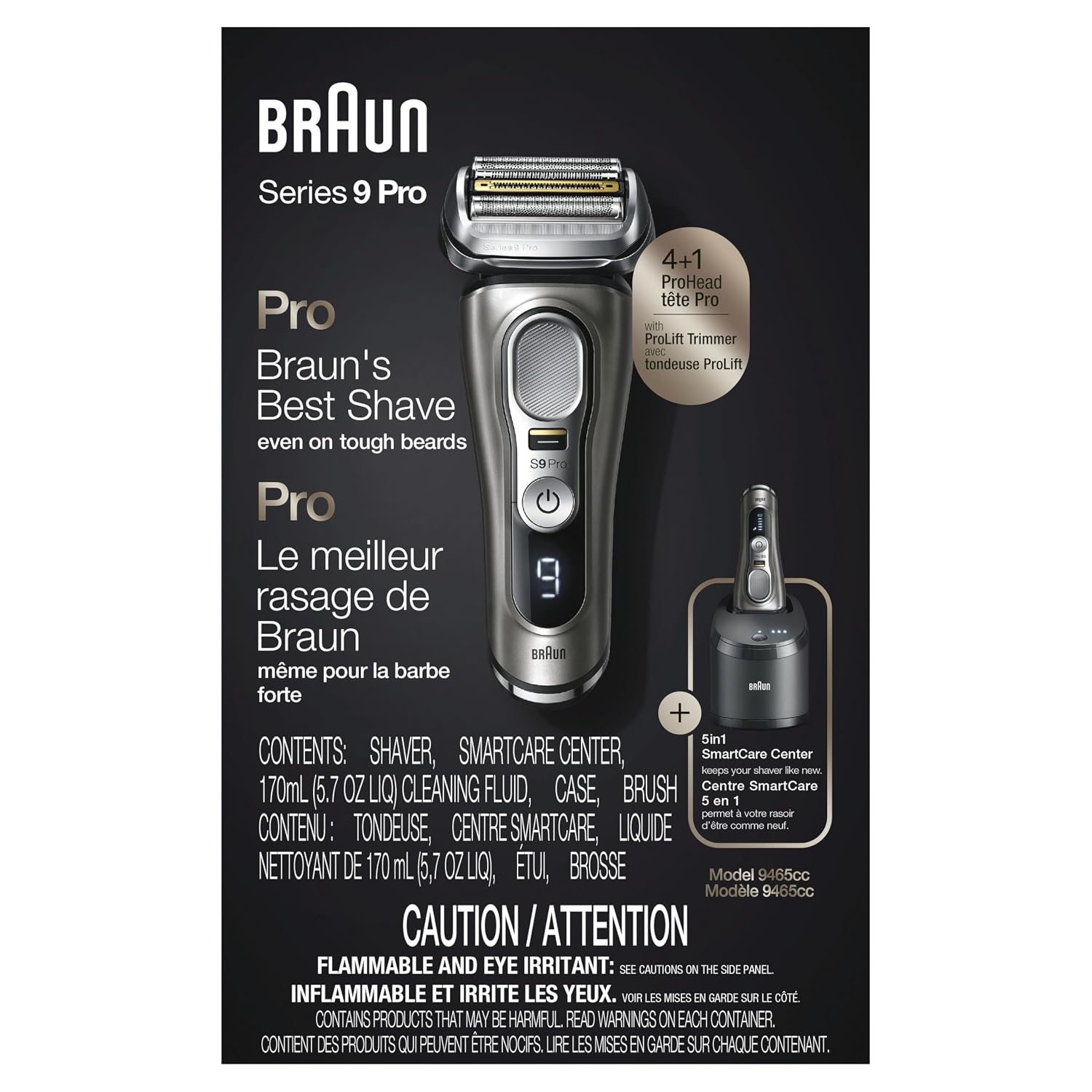 Braun Electric Razor for Men, Series 9 Pro 9465cc Wet & Dry Electric Foil Shaver with ProLift Beard Trimmer, Cleaning & Charging SmartCare Center, Head Shavers for Bald Men, Noble Metal