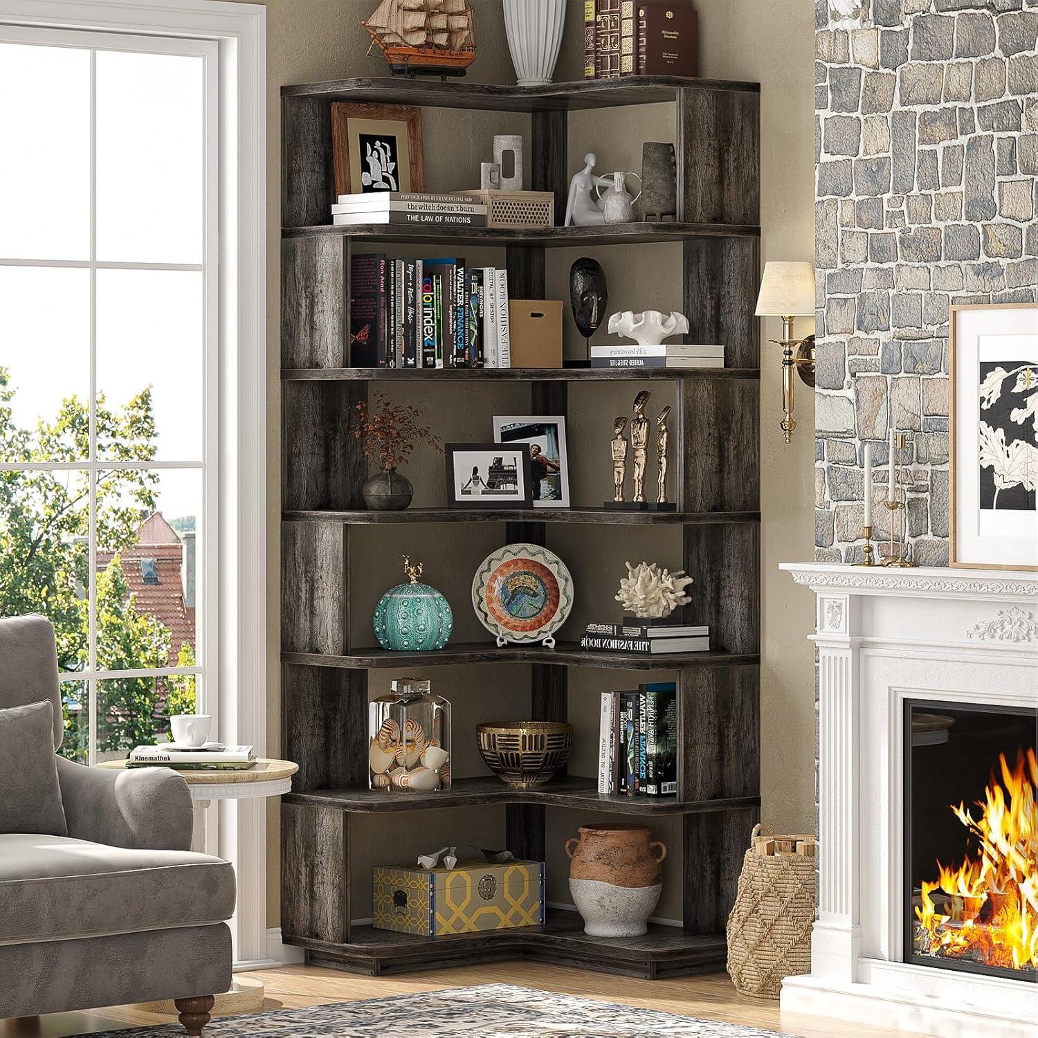 Armocity Corner Book Shelf - 7 Tier Corner Bookshelf Etagere Bookcase with Baffle, Freestanding L Shaped Display Shelf Stand for Home Office, Living Room, Bedroom, Kitchen, Grey Oak