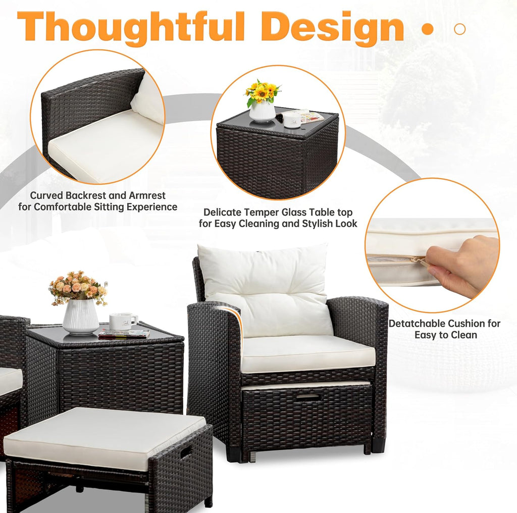 Shintenchi 5 Pieces Patio Furniture Set, Outdoor Wicker Patio Conversation Set with Ottoman, All Weather Rattan Outside Chairs with Coffee Table & Cushion for Porch, Garden, Backyard, Beige