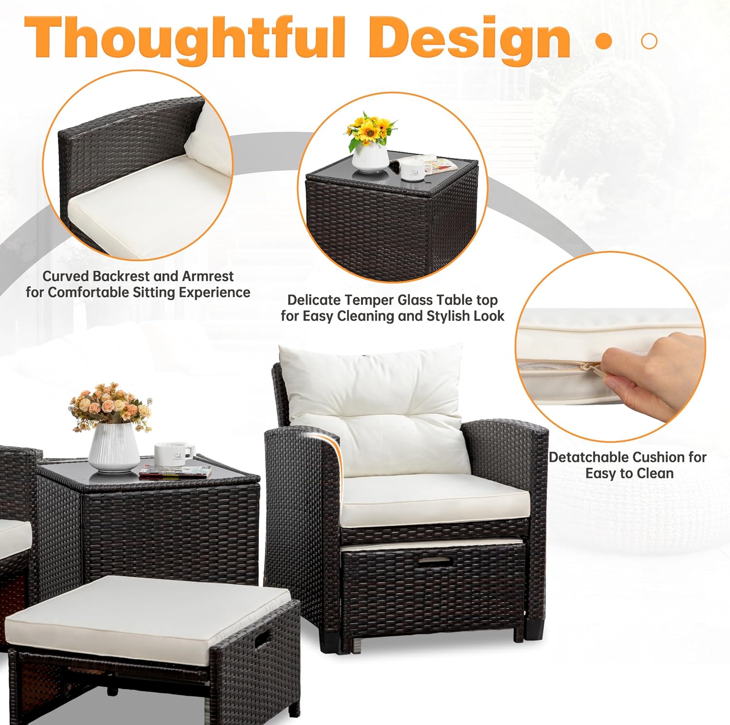Shintenchi 5 Pieces Patio Furniture Set, Outdoor Wicker Patio Conversation Set with Ottoman, All Weather Rattan Outside Chairs with Coffee Table & Cushion for Porch, Garden, Backyard, Beige