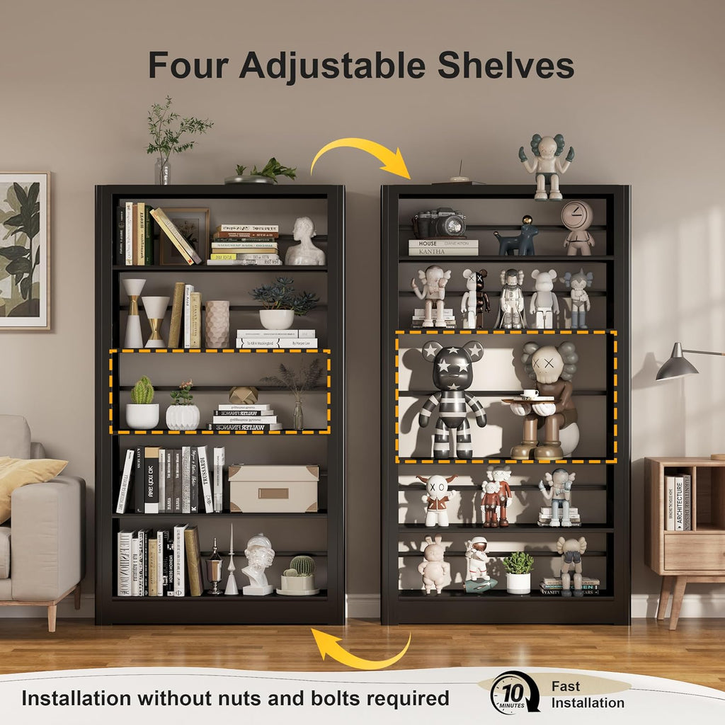 5 Tier Wide Bookshelf, Tall Bookcase with Open Shelves, Metal Black Bookcase Morden Book Shelf for Bedroom,Living Room,Library,Office,Book Shelves