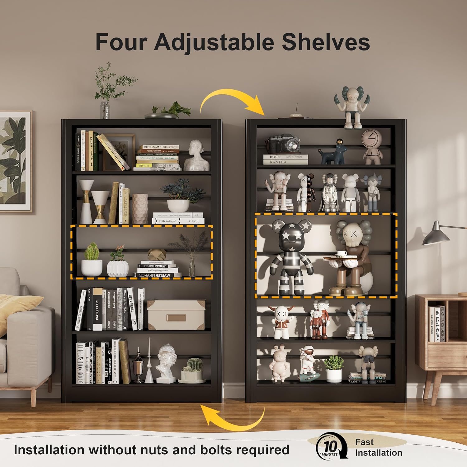 5 Tier Wide Bookshelf, Tall Bookcase with Open Shelves, Metal Black Bookcase Morden Book Shelf for Bedroom,Living Room,Library,Office,Book Shelves