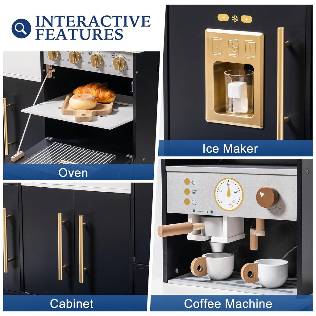 ROBOTIME Wooden Play Kitchen for Toddlers and Kids, Toy Kitchen Set with Ice Maker and Coffee Machine, Realistic Toddler Kitchen Set, Gift for Girls Boys Ages 3+