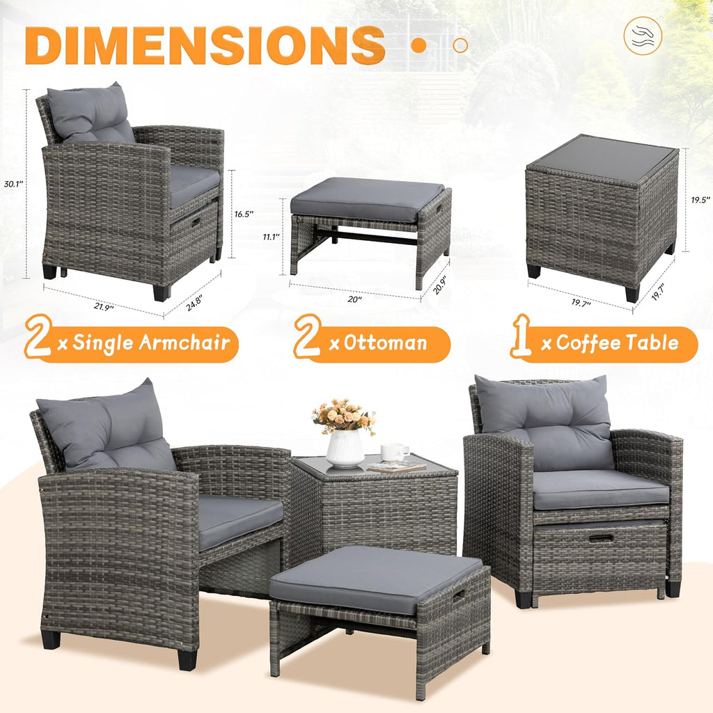 Shintenchi 5 Pieces Patio Furniture Set, Outdoor Wicker Patio Conversation Set with Ottoman, All Weather Rattan Outside Chairs with Coffee Table & Cushion for Porch, Garden, Backyard, Gray