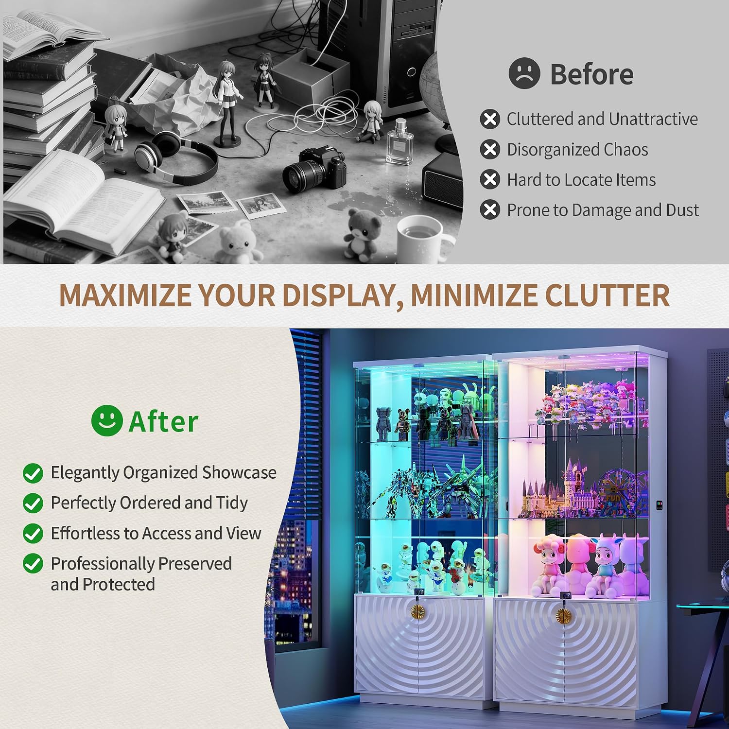 Lvifur 71'' Display Cabinet with Glass Doors,4-Tier Curio Cabinet with 3-Color Lights for Collectibles,Lockable Glass Display Case Human Body Sensor,Tall Bookcase w/Shelves&Drawers,White