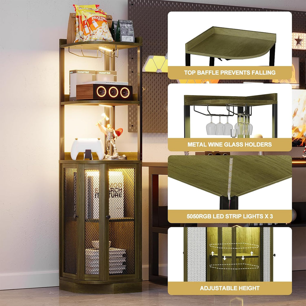 EOYUTLLY Corner Bar Cabinet with with Power Outlet and LED Strip, 65' H 5-Tier Corner Liquor Wine Display Cabinet for Home, Bar and Storage Solution, for Living Room, Kitchen, Home Bar, Gray