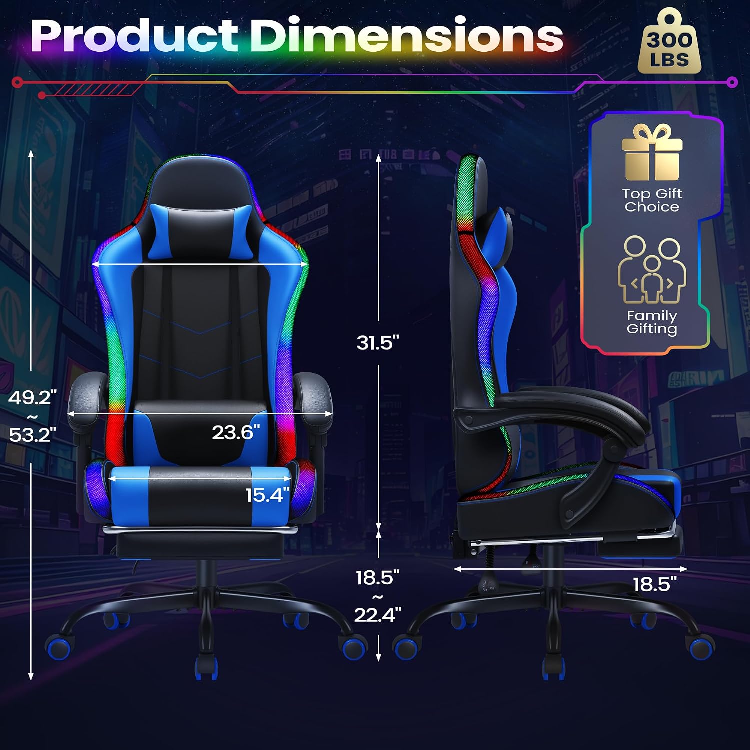 Homall Gaming Chair, Video Game Chair with Footrest and Massage Lumbar Support, Ergonomic Computer Chair Height Adjustable with Swivel Seat and Headrest (RGB Blue)
