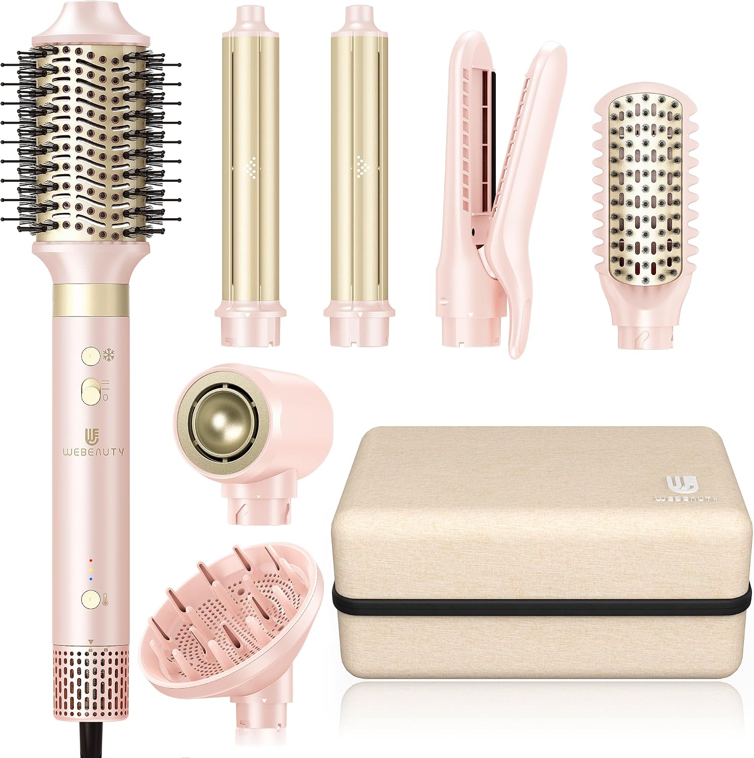 Hair Dryer Brush 8-in-1 Dual Voltage Hot Air Styler – Fast-Drying 110,000 RPM Ionic Blow Dryer with Straightener & Curler Attachments, Frizz-Free Volumizing Styler with Protective Hard Case-Pink
