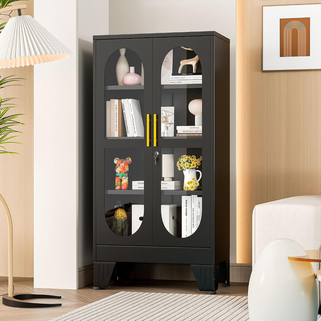 47.24' Glass Display Cabinet with Lock, Metal Locking Liquor Storage Cabinets and 3 Adjustable Shelves, 4 Tier Tall Curio Cabinet Display Case for Collectibles, Living Room, School, Commercial (Black)