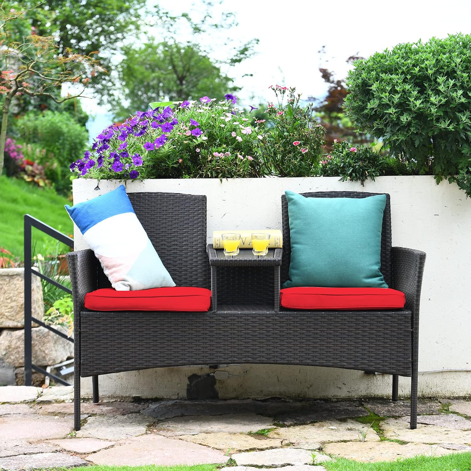 Tangkula Outdoor Rattan Loveseat, Patio Conversation Set with Cushions & Table, Modern Patented Wicker Sofa Set with Built-in Coffee Table, Rattan Sofas for Garden Lawn Backyard