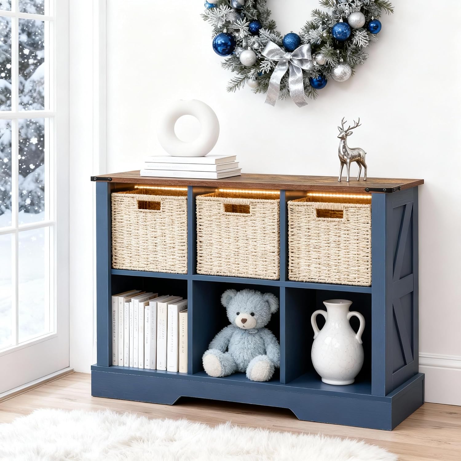 6 Cube Storage Organizer with LED Lights, Wooden Cube Bookcase with Back Panel, Blue Cube Shelf Freestanding Bookshelf, Hallway TV Stand for Living Room, Bedroom, Office