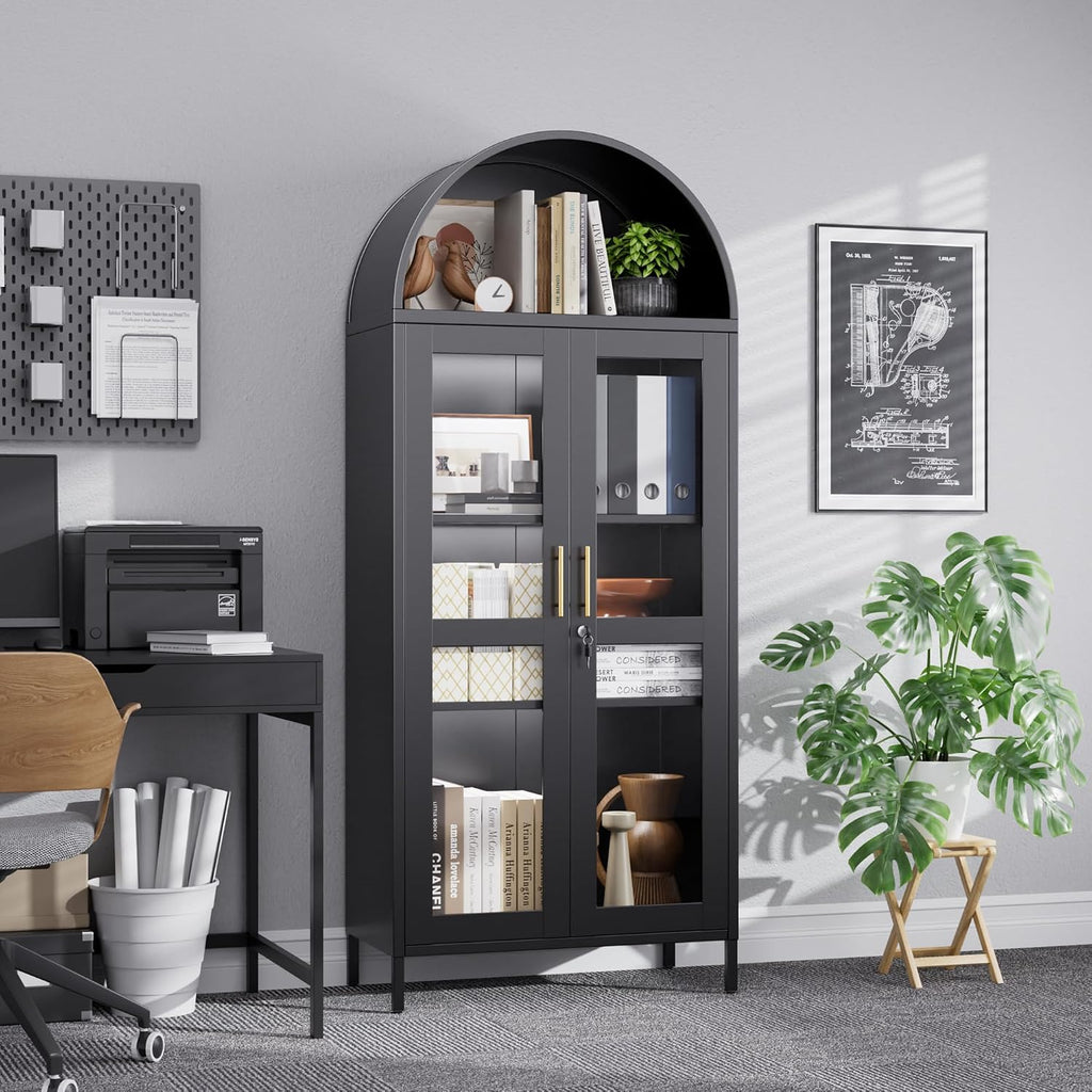 Metal Arched Bookcase Cabinet with 3 LED Strips,Lockable Arched Display Cabinet with Glass Doors for Living Room, Home,Office, Assembly Required (Black)