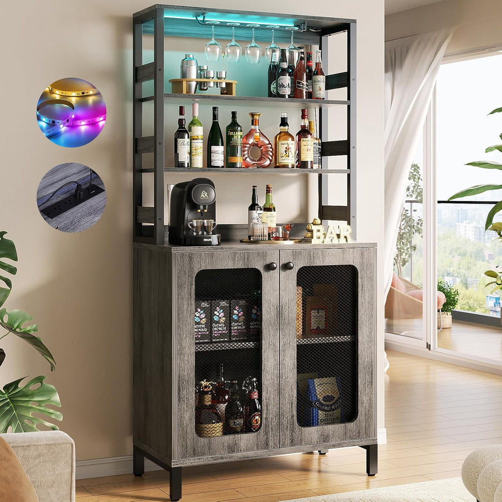Aheaplus Bar Cabinet with Power Outlets, 67' Tall Wine Bar Cabinet Liquor Cabinet with LED Lights and Glass Holder, Coffee Bar Station for Living Room, Microwave Stand Bakers Rack Cabinet, White Oak