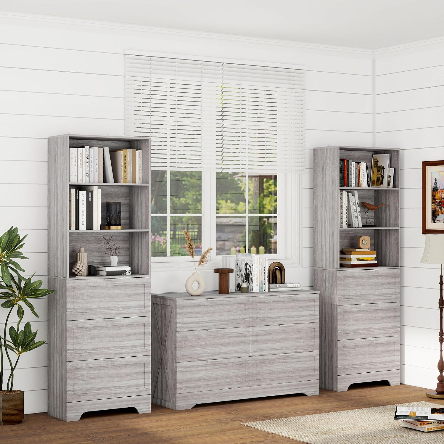 FTZxHKLX 71'' Tall Bookshelf with Drawers,6 Tier Wooden Bookcase Storage Organizer,Freestanding Display Cabinet with Adjustable Shelves for Living Room, Bedroom, Kitchen, Home Office, Wash Grey